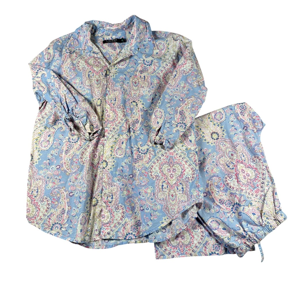 VTG Lauren Ralph Lauren Pajama 2pc Womens M Blue Paisley Cotton Blend PJs capri - Picture 2 of 12